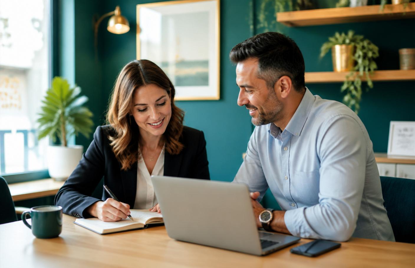A consultant and a small business owner reviewing work together on a laptop