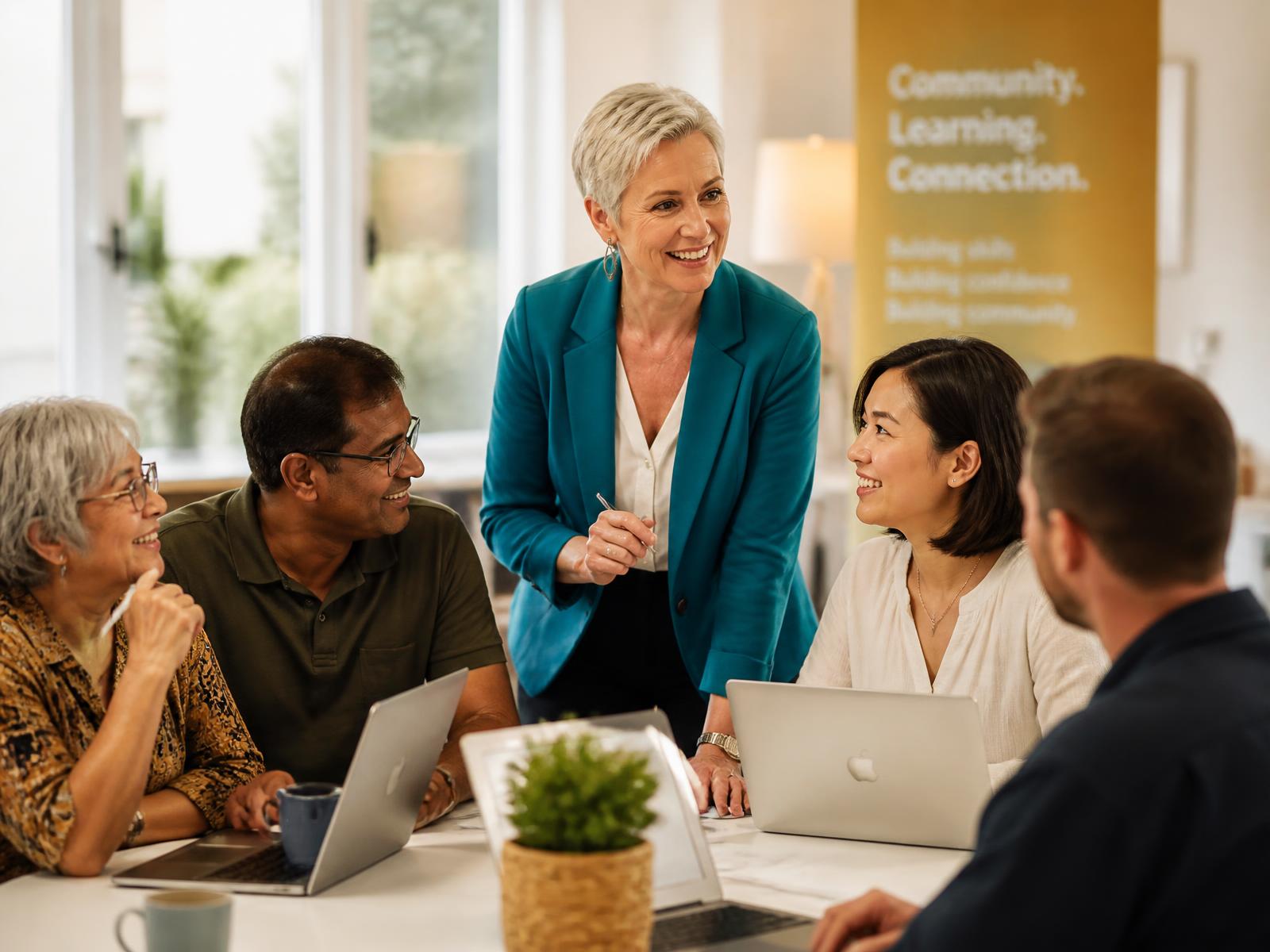 Gladys guiding a small group of adult learners through an AI workshop