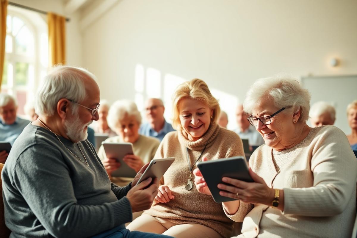 Older adults learning on tablets with a friendly facilitator in a community hall