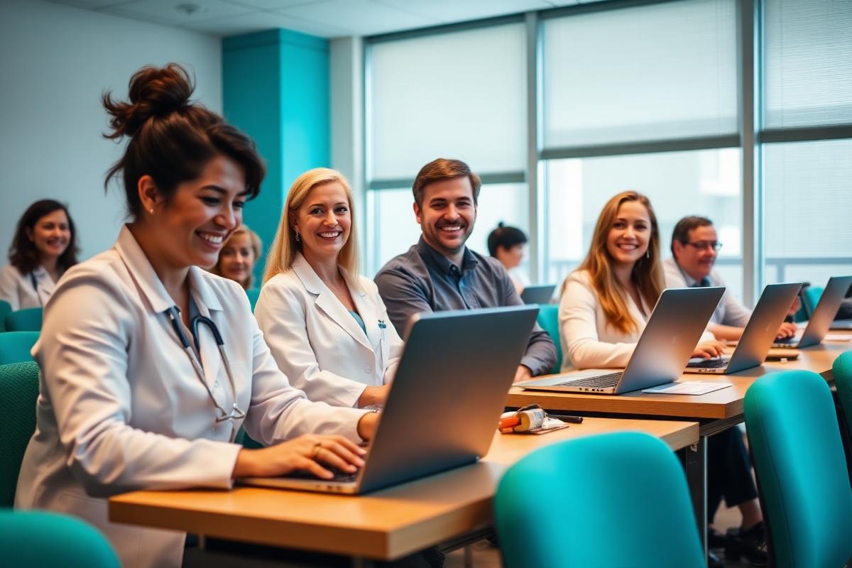 A small group of professionals building practical AI workflows together on laptops